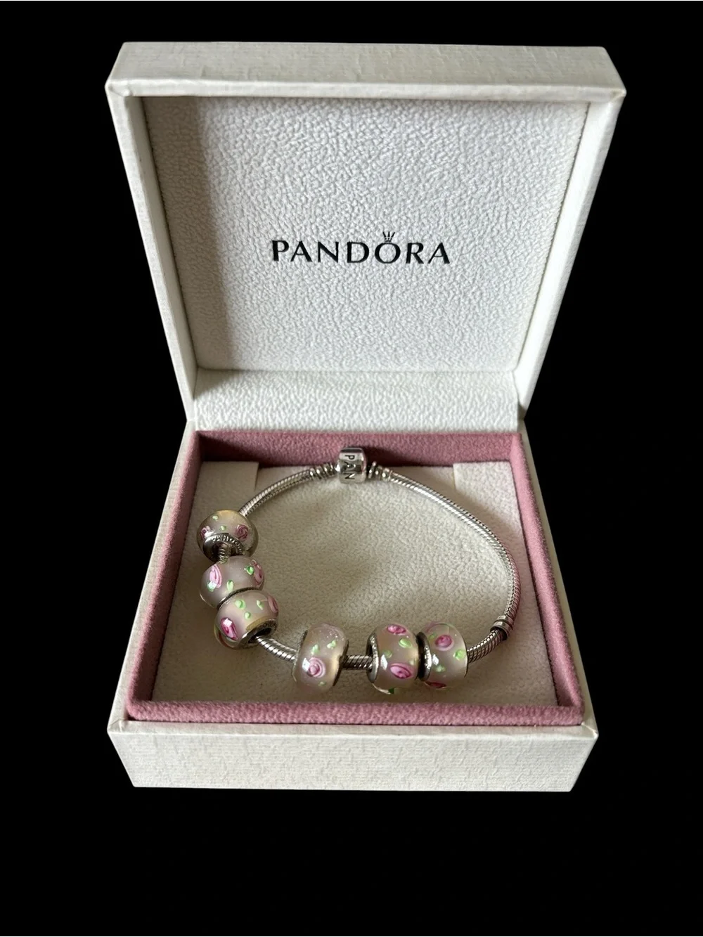 Pandora Silver Bracelet with Pink and Green Floral Glass Beads